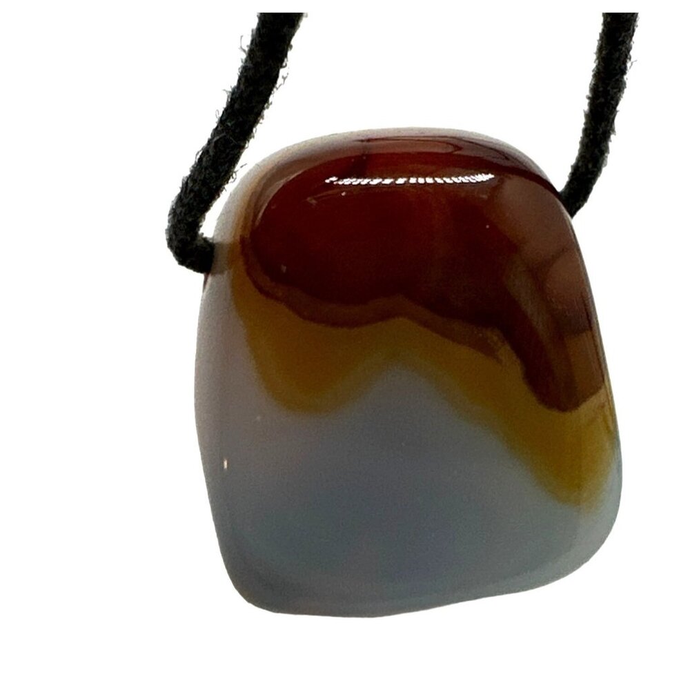Polished Blue Chalcedony Agate Stone Pendant Necklace Handcrafted Black Cord